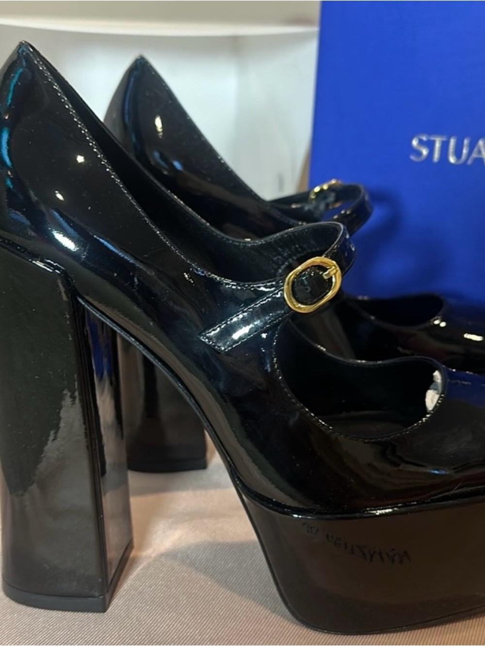 Brand New Stuart Weitzman Skyhigh 145 Black Patent Mary Jane Platform Pumps